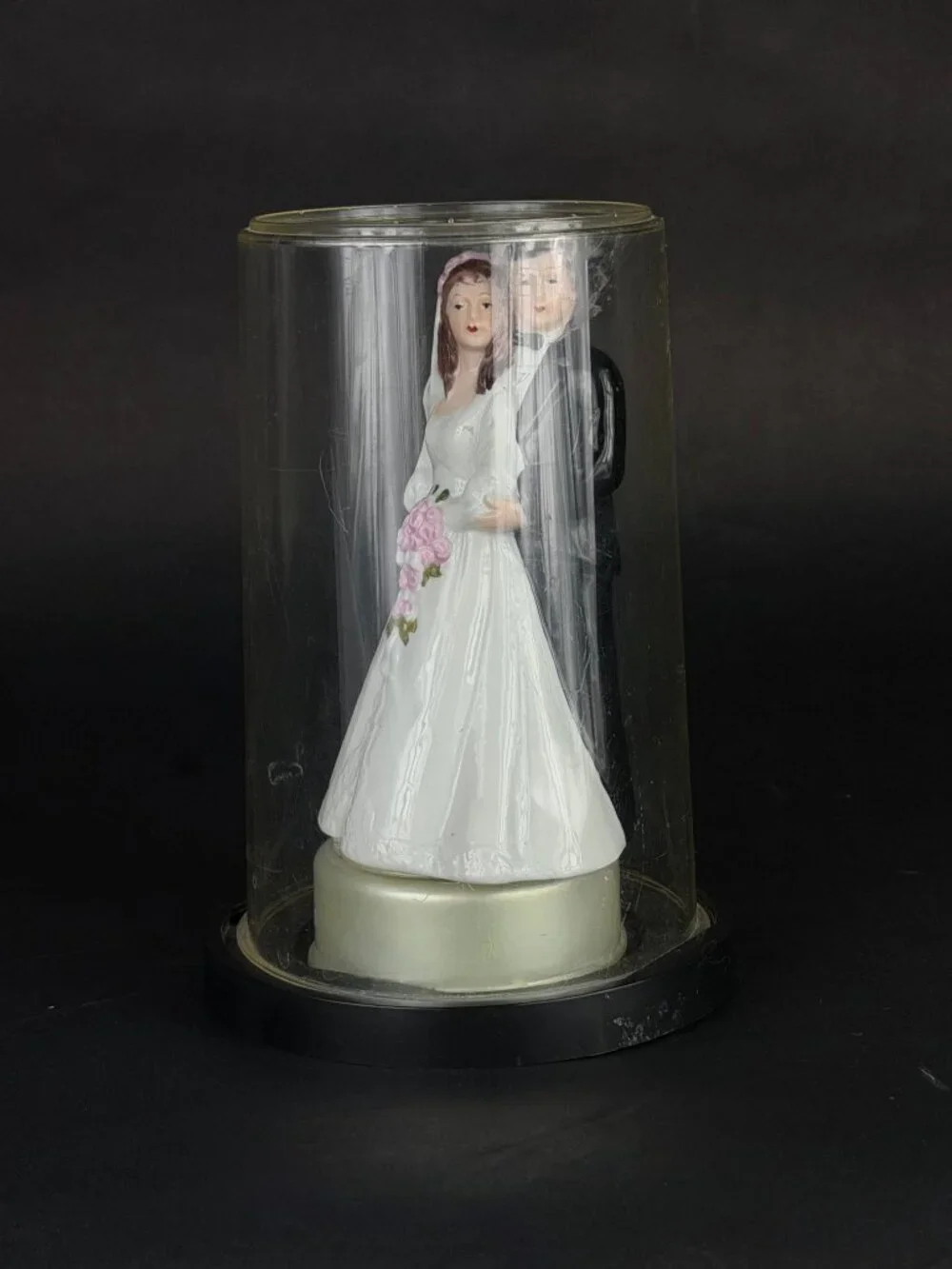 Vintage Porcelain Wedding Cake Topper in Protective Display Dome 1980s